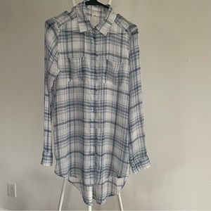 Hollister Blue & White Plaid Sheer Hi Low Cut Button Up Shirt, S